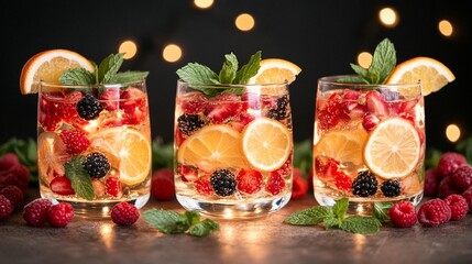 Three glasses of fruit infused drinks with berries, lemon, and mint