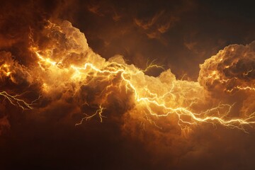 Fiery orange lightning streaks across a dark, stormy sky