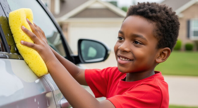 Smiling young boy washing car window outdoors with yellow sponge on sunny day, developing responsibility and independence through household chores