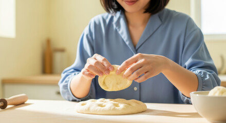 Young woman presses homemade bread dough on kitchen table, enjoying relaxing baking activity in bright morning light at home, casual weekend culinary leisure