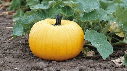 Obraz premium Ripe Yellow Pumpkin Growing in Garden Patch