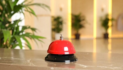 A red and black service bell sits on a marble counter in a hotel lobby with plants and blurred background.