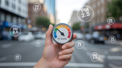 Monitor air quality in urban environments with a handheld sensor for a healthier lifestyle, showing PM2.5 for environmental awareness campaign