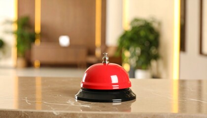 A red service bell sits on a marble counter in a hotel lobby, with blurred background of furniture and plants.