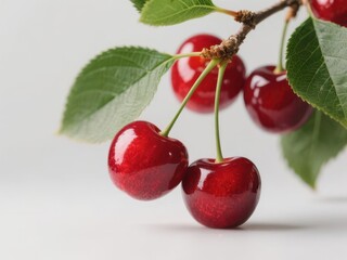 Close-up of ripe red cherries on a branch with green leaves,  background,  plant