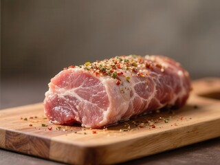 Close-up of seasoned, raw pork tenderloin on cutting board,  raw,  food