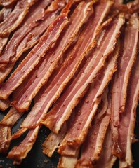 Close-up of smoked bacon slices, ready for cooking ,  still life,  raw bacon