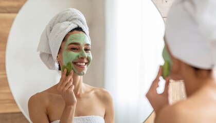 Smiling woman applying green face mask in front of mirror, skincare and wellness routine