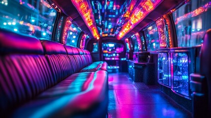 Vibrant party bus interior lit with colorful neon lights