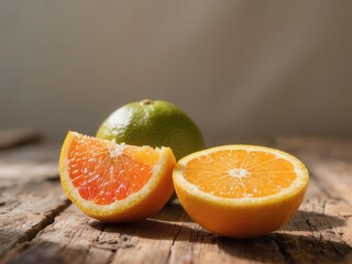 Close-up of vibrant cut citrus fruits on rustic wooden surface,  lime,  summer