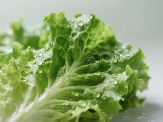 Close-up of vibrant green lettuce leaves with water droplets, glistening under soft light,  raw,  vibrant