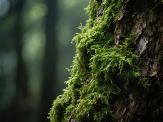 Close-up of vibrant green moss growing on a textured tree bark in a shady forest,  background,  peaceful