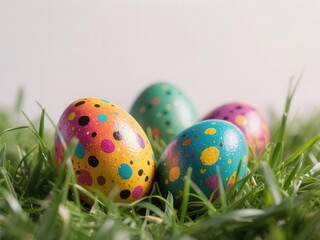 Close-up of vibrant painted speckled eggs nestled in green grass,  season,  eggs