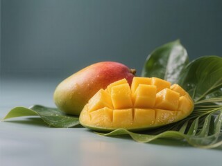 Close-up, ripe sliced mango on tropical leaves,  vibrant,  natural food