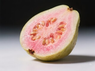 Close-up ripe guava half, pink flesh, seeds visible,  pink guava,  vegan