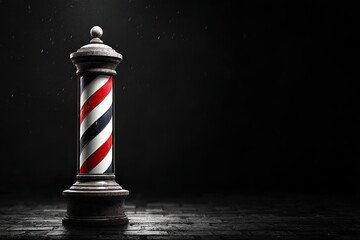 A vintage barber pole stands tall against a dark backdrop.  Detailed 3D rendering of a classic barber pole,  with red, white, and blue stripes.  Dark, stone-like floor.  Soft light highlights the pole