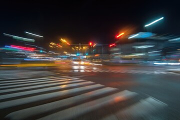 Nighttime urban intersection with blurred light trails and pedestrian crossing