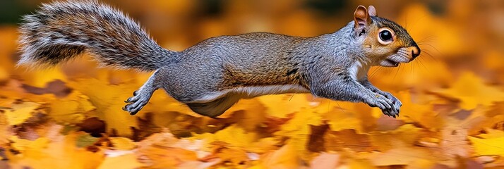 Obraz premium Squirrel Leaping Through Golden Autumn Leaves