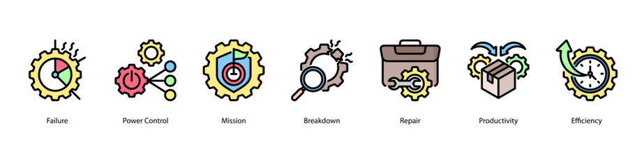 Reliable Output web banner icon vector illustration featuring Failure, Power Control, Mission, Breakdown, Repair, Productivity, and Efficiency.