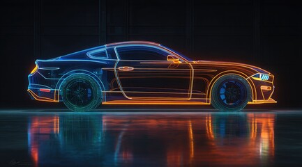 Neon-outlined sports coupe, side profile, reflective floor