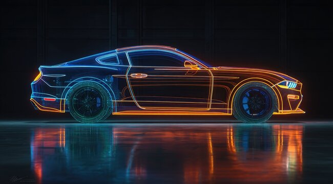Neon-outlined sports coupe, side profile, reflective floor