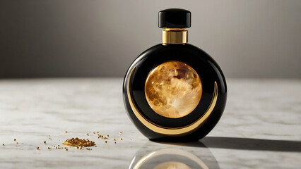 Luxury celestial perfume in an exquisite round black bottle with a gold moon emblem, showcasing an elegant and modern fragrance design on marble.