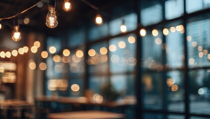 Warm, inviting interior with string lights and blurred background