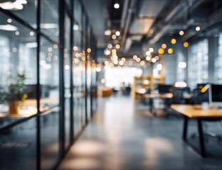 Blurred interior of a modern office space with glass partitions, desks, and warm lighting