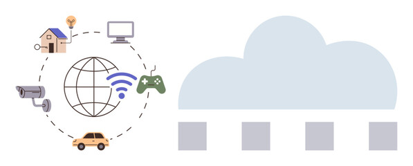 Network of IoT devices thumbs up smart home, car, and CCTV linked to a cloud via globe and wireless. Ideal for technology, connectivity, IoT, smart devices, cloud computing, data sharing innovation