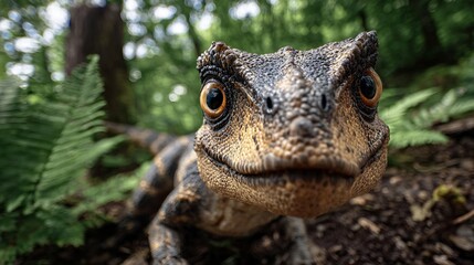 A detailed close-up of a cute, small dinosaur with large eyes in a forest.