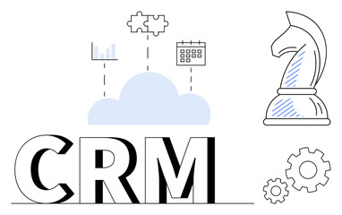 Fototapeta premium CRM text with cloud connected to puzzle, bar graph, and calendar. Knight and gears represent strategy and operations. Ideal for business planning, management, CRM tools, strategy, data and teamwork