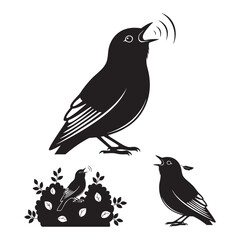 Set of 3 Nightingale Silhouettes as a Singing Songbird Icon Set