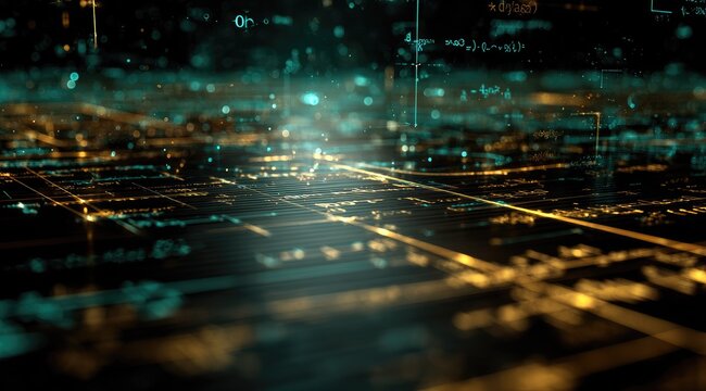 Abstract digital landscape with glowing lines and formulas