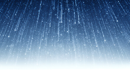 Abstract blue background with falling glitter particles and glowing light streaks