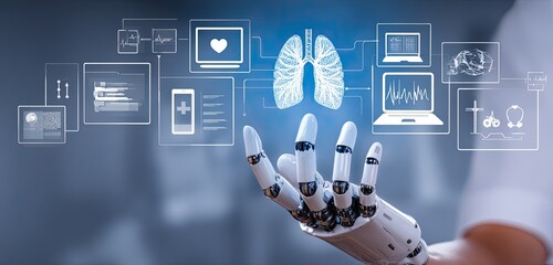 Robotic hand interacting with holographic medical data