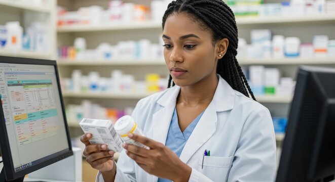 A thoughtful pharmacist carefully reading the label on a medicine bottle, cross-referencing it with information on a computer screen.