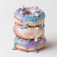 Stack of three pastel-colored donuts, adorned with iridescent sprinkles and pearls, and drizzled with icing