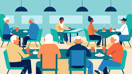 Dining Hall with Mobility Options A bustling dining hall with tables at various heights and seats for wheelchair users where seniors are enjoying a communal meal together.