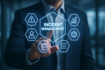 Incident management process business technology concept. Businessman using laptop with incident management icon on virtual screen. diagnosing and resolving unexpected problems that occur.