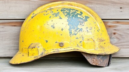 Well-worn Yellow Construction Helmet on Wood Background