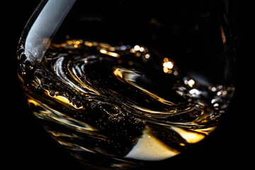 Swirling amber liquid in a glass against a black background