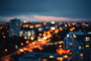 Blurred cityscape at twilight, showing colorful lights