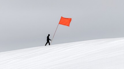 side view of solo hiker trekking snow ridge with flag pole in hand
