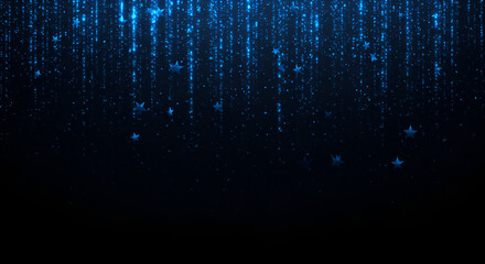 Blue glitter particles falling down with star shapes on a dark background © Aylena