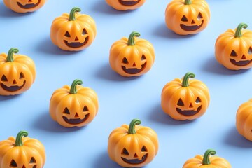 Smiling jack-o'-lanterns arranged on a pale blue background