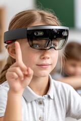 Naklejka premium Girl wearing augmented reality glasses in a classroom setting.