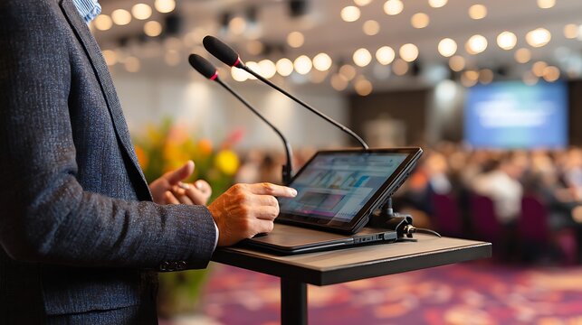 Speaker presenting data at conference.