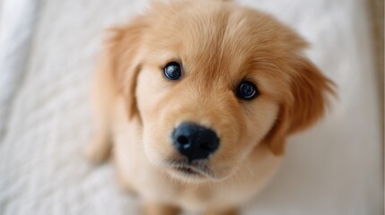 A golden retriever puppy with large expressive brown eyes sits on a white textured surface,