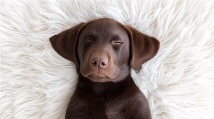 A chocolate brown dog sleeps peacefully on a soft white furry surface, eyes closed, ears relaxed, nose moist,
