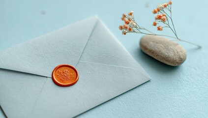 Light blue envelope with orange wax seal and small flowers
